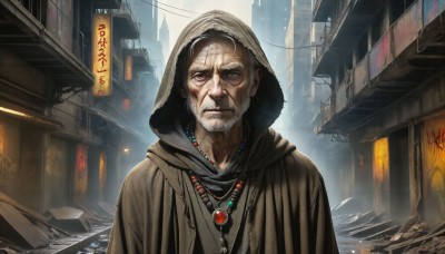 HQ,solo,looking at viewer,blue eyes,1boy,jewelry,upper body,white hair,grey hair,male focus,outdoors,hood,necklace,blood,facial hair,building,cloak,beard,hood up,city,realistic,ruins,old,old man,old woman,1girl,closed mouth,capelet,scenery,sign,cityscape,hooded cloak,alley,wrinkled skin