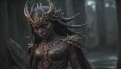 HQ,1girl,solo,long hair,breasts,looking at viewer,black hair,red eyes,cleavage,jewelry,medium breasts,upper body,outdoors,horns,artist name,dark skin,cape,armor,blurry,dark-skinned female,tree,lips,makeup,blurry background,colored skin,shoulder armor,gem,nature,armlet,forest,colored sclera,pauldrons,horn ornament,grey skin,black skin,black lips,orange eyes,facial mark,forehead jewel