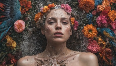 1girl,solo,long hair,looking at viewer,brown hair,hair ornament,bare shoulders,collarbone,upper body,flower,nude,lying,parted lips,wings,hair flower,on back,water,black eyes,lips,wet,bird,portrait,pink flower,fish,realistic,wet hair,orange flower,black hair,teeth,animal,half-closed eyes,red flower,blue flower,water drop