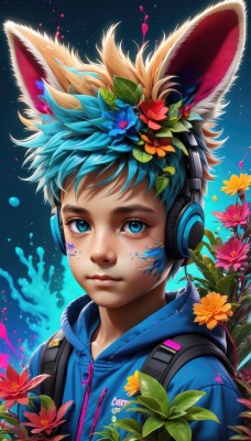 solo,looking at viewer,blue eyes,hair ornament,1boy,animal ears,closed mouth,blue hair,upper body,flower,male focus,multicolored hair,artist name,hair flower,hood,bag,rabbit ears,lips,fox ears,hoodie,headphones,leaf,watermark,blue background,facial mark,backpack,hood down,plant,red flower,web address,freckles,yellow flower,nose,facepaint,orange flower,paint splatter,paint,short hair,signature,fake animal ears,male child,splatter