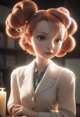 1girl,solo,looking at viewer,short hair,brown hair,shirt,hair ornament,long sleeves,jewelry,closed mouth,upper body,collared shirt,artist name,indoors,orange hair,blurry,cup,lips,grey eyes,eyelashes,buttons,depth of field,blurry background,blue shirt,freckles,curly hair,realistic,nose,labcoat,twintails,red hair,nail polish,dress shirt,makeup,watermark,web address,backlighting,deviantart username