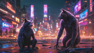 outdoors, sky, blurry, no humans, night, building, night sky, claws, city, road, street, neon lights, kaijuu