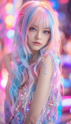 1girl,solo,long hair,looking at viewer,bangs,blue eyes,dress,bare shoulders,jewelry,closed mouth,blue hair,upper body,pink hair,multicolored hair,sleeveless,artist name,blurry,two-tone hair,lips,grey eyes,makeup,depth of field,blurry background,wavy hair,gem,realistic,nose,breasts,white hair,blunt bangs,necklace,bracelet,streaked hair,sleeveless dress,watermark,cross,bokeh,pearl (gemstone)