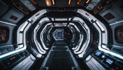 no humans,machinery,reflection,science fiction,realistic,cable,spacecraft,cockpit,indoors,english text,window,robot,scenery,space,monitor,screen