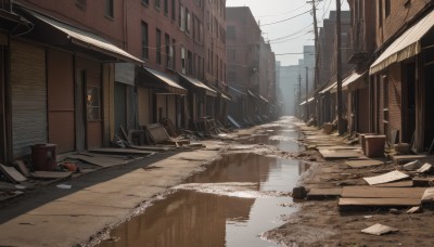 outdoors,sky,day,water,no humans,window,chair,building,box,scenery,reflection,city,door,road,ruins,house,power lines,lamppost,street,utility pole,puddle,trash can