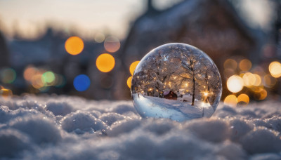 outdoors, sky, cloud, blurry, tree, no humans, night, depth of field, scenery, snow, winter, christmas tree, bare tree, bokeh