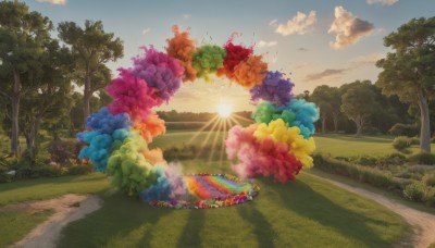 flower,outdoors,sky,day,cloud,tree,blue sky,no humans,sunlight,cloudy sky,grass,nature,scenery,forest,sunset,mountain,sun,road,bush,field,rainbow,colorful,path,bird,plant,lens flare,landscape