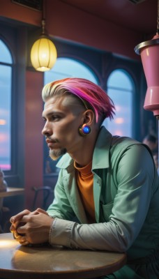 solo,short hair,shirt,long sleeves,1boy,brown eyes,jewelry,sitting,jacket,upper body,pink hair,male focus,multicolored hair,earrings,parted lips,open clothes,artist name,indoors,dark skin,blurry,from side,two-tone hair,lips,coat,window,profile,blurry background,turtleneck,facial hair,watermark,table,dark-skinned male,own hands together,beard,green jacket,realistic,nose,lamp,undercut,old,old man,cafe,wrinkled skin,1girl,looking away,mustache,light,own hands clasped,very short hair,mohawk