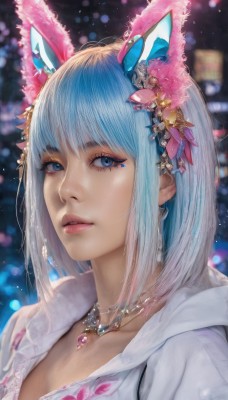 1girl,solo,looking at viewer,short hair,bangs,blue eyes,hair ornament,animal ears,cleavage,jewelry,blue hair,collarbone,jacket,upper body,flower,white hair,multicolored hair,earrings,parted lips,teeth,hair flower,hood,medium hair,necklace,rabbit ears,blurry,lips,eyelashes,gradient hair,makeup,depth of field,blurry background,fake animal ears,hood down,gem,portrait,hooded jacket,eyeshadow,realistic,nose,light blue hair,mascara,pink lips