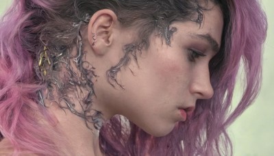 1girl,solo,long hair,simple background,brown hair,black hair,closed mouth,green eyes,pink hair,purple hair,multicolored hair,from side,two-tone hair,lips,eyelashes,profile,makeup,half-closed eyes,portrait,freckles,realistic,nose,jewelry,earrings,parted lips,plant,close-up