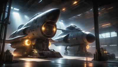 HQ,indoors,signature,military,no humans,window,robot,reflection,science fiction,realistic,aircraft,military vehicle,airplane,vehicle focus,spacecraft,lights,jet,fighter jet,pilot,water,ground vehicle,mecha,motor vehicle,machinery