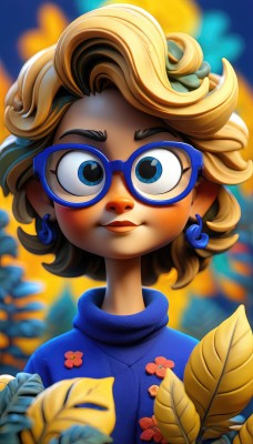 1girl,solo,looking at viewer,blush,smile,short hair,blue eyes,blonde hair,brown hair,holding,jewelry,closed mouth,upper body,flower,earrings,glasses,necklace,blurry,sweater,lips,makeup,blurry background,turtleneck,leaf,blue shirt,lipstick,curly hair,blue sweater,blue-framed eyewear,shirt,artist name,eyelashes,holding flower