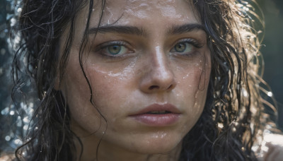 1girl, solo, long hair, looking at viewer, black hair, green eyes, parted lips, blurry, lips, eyelashes, blurry background, messy hair, portrait, close-up, realistic, nose