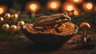 outdoors,food,blurry,no humans,depth of field,blurry background,animal,bowl,realistic,mushroom,meat,solo,holding,bokeh,food focus,ambiguous gender