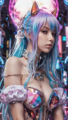 1girl,solo,long hair,breasts,looking at viewer,bangs,blue eyes,large breasts,animal ears,cleavage,bare shoulders,jewelry,medium breasts,closed mouth,blue hair,collarbone,upper body,multicolored hair,earrings,detached sleeves,choker,cat ears,necklace,blurry,collar,lips,grey eyes,blurry background,fake animal ears,piercing,realistic,nose,hair ornament,sidelocks,gem