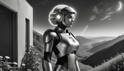 1girl,solo,short hair,monochrome,upper body,flower,greyscale,outdoors,sky,cloud,armor,lips,night,headphones,moon,helmet,star (sky),night sky,starry sky,breastplate,mountain,crescent moon,power armor,ear protection,signature,shoulder armor,science fiction,realistic,android,landscape,alien