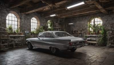 day,indoors,signature,no humans,window,chair,sunlight,plant,ground vehicle,scenery,motor vehicle,car,potted plant,ruins,vehicle focus,barrel,wheel,overgrown,tire,broken window,table,brick wall,sports car