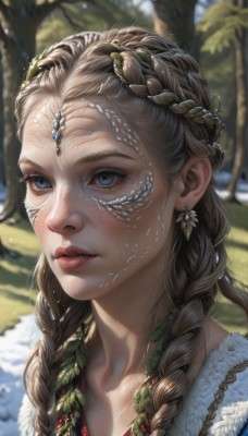 1girl,solo,long hair,looking at viewer,blue eyes,blonde hair,brown hair,hair ornament,jewelry,braid,earrings,outdoors,parted lips,day,artist name,necklace,blurry,twin braids,tree,lips,eyelashes,depth of field,blurry background,sunlight,gem,portrait,nature,hair over shoulder,close-up,freckles,circlet,realistic,nose,dappled sunlight,multiple braids,blush,closed mouth,looking to the side,fur trim,facial mark,looking away,snow,snowing,facepaint