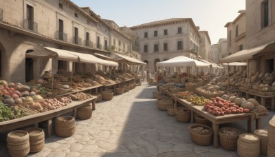 outdoors,food,multiple boys,sky,day,tree,no humans,window,fruit,shadow,chair,table,sunlight,building,scenery,city,apple,basket,road,house,bread,street,meat,vegetable,town,barrel,pavement,crate,cart,1girl,short hair,skirt,brown hair,shirt,1boy,holding,standing,bag,blue sky,umbrella,bowl,fantasy,tomato