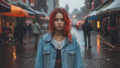 1girl,solo,long hair,looking at viewer,shirt,brown eyes,jacket,white shirt,upper body,red hair,outdoors,open clothes,solo focus,blurry,open jacket,lips,depth of field,blurry background,denim,blue jacket,building,pocket,jeans,city,realistic,nose,road,street,denim jacket,makeup