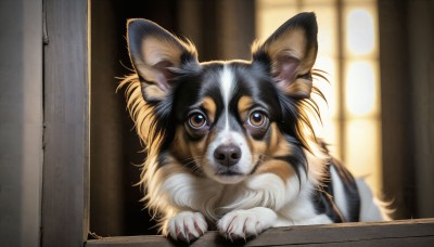 HQ,solo,looking at viewer,brown eyes,indoors,blurry,no humans,window,blurry background,animal,cat,realistic,door,animal focus,whiskers,signature,watermark,web address,claws,dog,white fur