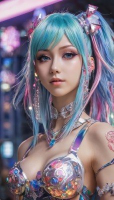 1girl,solo,long hair,breasts,looking at viewer,bangs,blue eyes,hair ornament,cleavage,bare shoulders,twintails,jewelry,medium breasts,blue hair,upper body,ponytail,pink hair,multicolored hair,earrings,parted lips,choker,necklace,armor,blurry,aqua eyes,lips,eyelashes,aqua hair,tattoo,makeup,blurry background,piercing,gem,armlet,realistic,nose,bikini armor,underwear,sidelocks,signature,bra,detached collar,watermark