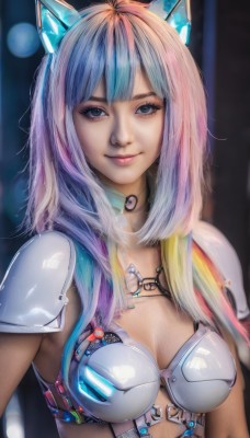 1girl,solo,long hair,breasts,looking at viewer,smile,bangs,blue eyes,blonde hair,animal ears,cleavage,medium breasts,closed mouth,blue hair,upper body,pink hair,multicolored hair,cat ears,armor,blurry,two-tone hair,lips,blurry background,fake animal ears,realistic,mechanical ears,purple hair,artist name,grey eyes,eyelashes,gradient hair,makeup,shoulder armor,science fiction,pauldrons,bikini armor,shoulder pads