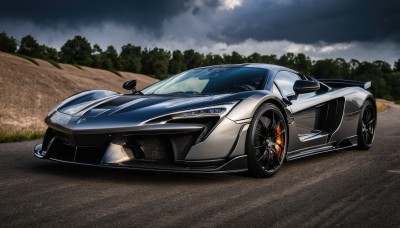 outdoors,sky,cloud,tree,no humans,cloudy sky,ground vehicle,nature,motor vehicle,forest,car,road,vehicle focus,wheel,sports car,solo