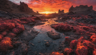 outdoors, sky, cloud, water, no humans, ocean, cloudy sky, scenery, sunset, rock, mountain, sun, horizon, river, landscape, orange sky, red sky