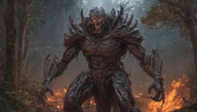 solo,looking at viewer,1boy,standing,yellow eyes,weapon,male focus,outdoors,teeth,armor,tree,orange eyes,blood,glowing,fire,shoulder armor,gauntlets,nature,glowing eyes,claws,pelvic curtain,spikes,forest,rain,pauldrons,monster,loincloth,full armor,embers,open mouth,red eyes,fingernails,no humans,sharp teeth,skull,skeleton