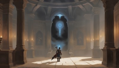 solo,short hair,brown hair,gloves,1boy,holding,standing,weapon,male focus,boots,pants,sword,indoors,hood,from behind,cape,holding weapon,armor,shadow,glowing,fire,sheath,scenery,sheathed,stairs,facing away,candle,wide shot,pillar,weapon on back,arch,column,sunlight,helmet,staff,walking,light,torch