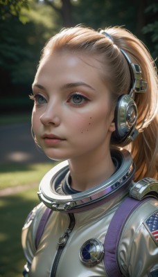 1girl,solo,long hair,breasts,looking at viewer,blue eyes,blonde hair,closed mouth,upper body,ponytail,outdoors,day,artist name,blurry,tree,lips,grey eyes,eyelashes,depth of field,blurry background,headphones,portrait,forehead,zipper,freckles,realistic,nose,hair pulled back,spacesuit,astronaut,brown hair,green eyes,jacket,parted lips,signature,bag,mole,mole under eye,looking away,expressionless,sunlight,backpack,high ponytail,looking up,headset,looking afar,american flag