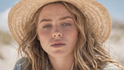 1girl,solo,long hair,looking at viewer,blue eyes,blonde hair,brown hair,shirt,hat,outdoors,parted lips,day,mole,blurry,lips,grey eyes,depth of field,blurry background,leaf,portrait,freckles,sun hat,realistic,nose,straw hat,mole on cheek,sky,blue sky,eyelashes,thick eyebrows,mole under mouth,close-up