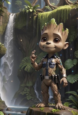 solo,looking at viewer,smile,1boy,brown eyes,standing,full body,male focus,outdoors,belt,water,tree,leaf,plant,nature,furry,forest,pouch,furry male,waterfall,moss,open mouth,animal ears,jewelry,necktie,teeth,bracelet,tattoo,rock,belt pouch