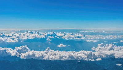 monochrome,outdoors,sky,day,cloud,water,blue sky,no humans,ocean,cloudy sky,nature,scenery,blue theme,mountain,horizon,landscape,mountainous horizon