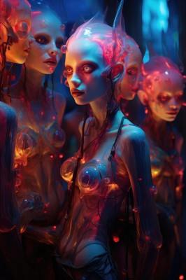 1girl,solo,breasts,multiple girls,red eyes,yellow eyes,small breasts,parted lips,solo focus,lips,makeup,glowing,colored skin,6+girls,reflection,science fiction,nose,android,cyborg,cyberpunk,mechanical parts,looking at viewer,collarbone,braid,twin braids,mask,glowing eyes,realistic,joints,alien