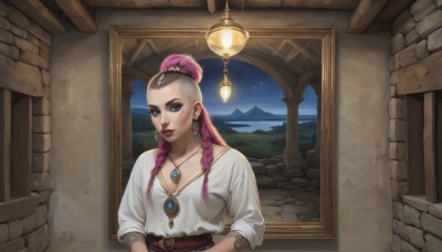 1girl,solo,long hair,breasts,looking at viewer,shirt,cleavage,brown eyes,jewelry,medium breasts,collarbone,white shirt,upper body,pink hair,braid,multicolored hair,earrings,parted lips,sky,belt,indoors,necklace,hair bun,black eyes,twin braids,two-tone hair,lips,tattoo,makeup,night,facial mark,lipstick,night sky,pendant,red lips,hair pulled back,multiple braids,window,eyeshadow,asymmetrical hair,lantern,mountain,lamp,undercut,facial tattoo,mohawk