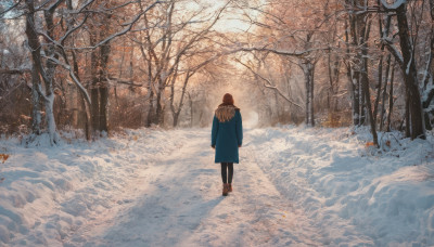 1girl, solo, brown hair, long sleeves, standing, boots, outdoors, day, from behind, scarf, tree, coat, brown footwear, nature, scenery, snow, forest, winter clothes, wide shot, winter, bare tree, blue coat, autumn, footprints