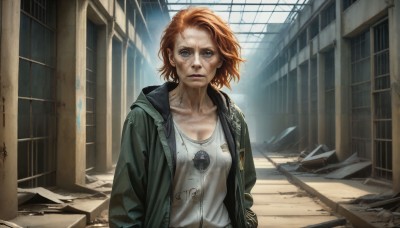 HQ,1girl,solo,breasts,looking at viewer,short hair,blue eyes,brown hair,shirt,cleavage,jewelry,medium breasts,collarbone,jacket,white shirt,upper body,small breasts,outdoors,open clothes,hood,necklace,orange hair,open jacket,lips,window,blood,hoodie,scar,hood down,building,freckles,injury,green jacket,realistic,nose,hands in pockets,ruins,dirty,broken glass,red hair,indoors,tank top,dog tags