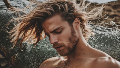 solo,short hair,brown hair,1boy,closed mouth,collarbone,closed eyes,male focus,nude,water,floating hair,facial hair,ocean,wind,portrait,beard,topless male,underwater,realistic,mustache,chest hair,waves,upper body,manly