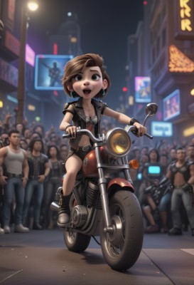 1girl,breasts,looking at viewer,smile,short hair,open mouth,brown hair,shirt,hair ornament,navel,holding,cleavage,brown eyes,jewelry,collarbone,jacket,weapon,short sleeves,:d,earrings,small breasts,boots,outdoors,multiple boys,open clothes,shorts,teeth,solo focus,midriff,belt,pants,artist name,signature,black footwear,blurry,black eyes,bracelet,open jacket,black jacket,gun,short shorts,night,depth of field,blurry background,upper teeth only,black shorts,piercing,thick eyebrows,tank top,aged down,ground vehicle,child,motor vehicle,cropped jacket,6+boys,city,red lips,female child,road,riding,leather,motorcycle,lamppost,street,crowd,leather jacket,shotgun,mohawk,neon lights,on motorcycle,full body,chibi,vest,lips,crop top,hand on hip,building,wristband,hands on hips,sign,lights,traffic light,people