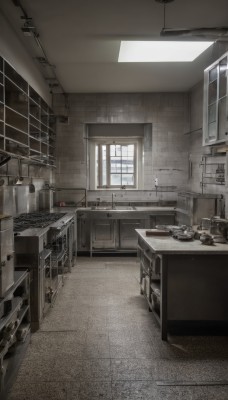 monochrome,day,indoors,no humans,window,chair,table,sunlight,bottle,scenery,plate,door,tiles,tile floor,shelf,ladle,tile wall,kitchen,ceiling,frying pan,sink,spatula,ceiling light,refrigerator,faucet,cabinet,stove,cutting board