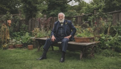 solo,looking at viewer,shirt,long sleeves,1boy,sitting,closed mouth,jacket,full body,weapon,white hair,male focus,outdoors,shoes,day,pants,bowtie,black footwear,vest,tree,black jacket,facial hair,black pants,formal,suit,grass,plant,nature,beard,fence,mustache,bench,bush,bald,manly,old,old man,garden,flower,grey hair,boots,striped,scar,ring,blue jacket,scar on face,realistic,blue pants,on bench