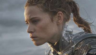 1girl,solo,long hair,blonde hair,brown hair,closed mouth,ponytail,braid,outdoors,parted lips,sky,cloud,armor,from side,lips,grey eyes,profile,expressionless,cloudy sky,shoulder armor,portrait,freckles,realistic,nose,looking afar,close-up,science fiction,android,looking ahead,grey sky