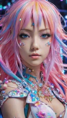 1girl,solo,long hair,breasts,looking at viewer,bangs,blue eyes,cleavage,jewelry,medium breasts,closed mouth,blue hair,upper body,pink hair,multicolored hair,necklace,blurry,lips,eyelashes,makeup,blurry background,gem,portrait,close-up,realistic,nose,mascara,parted lips,artist name,watermark,facial mark,web address,bubble,pearl (gemstone)