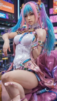 1girl,solo,long hair,breasts,looking at viewer,bangs,hair ornament,twintails,brown eyes,jewelry,medium breasts,sitting,blue hair,pink hair,multicolored hair,earrings,shorts,belt,pink eyes,nail polish,blurry,two-tone hair,leotard,lips,covered navel,depth of field,blurry background,crossed legs,crown,pink nails,armlet,realistic,large breasts,thighs,sleeveless,necklace,bracelet,watermark,web address,nose,leaning back