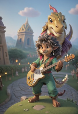 long hair,smile,brown hair,1boy,holding,brown eyes,jewelry,standing,tail,full body,male focus,earrings,boots,outdoors,sky,teeth,day,pointy ears,pants,cloud,blurry,black eyes,vest,bracelet,blue sky,blurry background,grass,instrument,child,furry,music,guitar,furry male,male child,playing instrument,holding instrument,shirt,gloves,animal ears,horns,shoes,solo focus,dark skin,tree,depth of field,brown footwear,brown gloves,dragon,castle,green pants