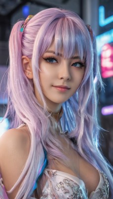 1girl,solo,long hair,breasts,looking at viewer,smile,bangs,blue eyes,large breasts,hair ornament,cleavage,bare shoulders,twintails,jewelry,medium breasts,closed mouth,upper body,pink hair,multicolored hair,earrings,blurry,two side up,lips,see-through,clothing cutout,eyelashes,makeup,blurry background,realistic,nose,stud earrings,dress,blue hair,sidelocks,artist name,white dress,piercing,ear piercing,neon lights