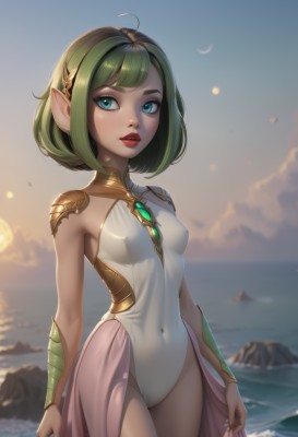 1girl,solo,breasts,looking at viewer,short hair,bangs,blue eyes,hair ornament,bare shoulders,standing,swimsuit,ahoge,cowboy shot,small breasts,outdoors,parted lips,green hair,sky,teeth,pointy ears,artist name,cloud,medium hair,water,armor,blurry,covered nipples,leotard,lips,see-through,one-piece swimsuit,covered navel,cameltoe,ocean,beach,shoulder armor,gem,backlighting,sunset,white one-piece swimsuit,horizon,red lips,makeup,blurry background,elf,nose,white leotard