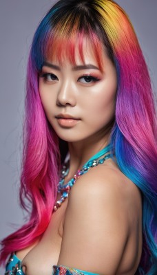 1girl,solo,long hair,breasts,looking at viewer,bangs,simple background,cleavage,bare shoulders,brown eyes,jewelry,medium breasts,blue hair,upper body,pink hair,multicolored hair,grey background,necklace,black eyes,from side,two-tone hair,lips,gradient,looking to the side,gradient hair,makeup,armlet,eyeshadow,freckles,realistic,nose,blonde hair,black hair,closed mouth,eyelashes,watermark